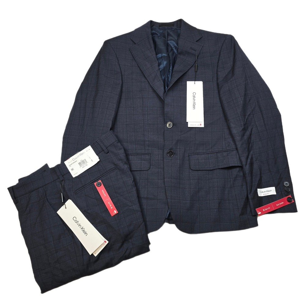 Calvin Klein Slim Fit Suit Mens 36S 2 Piece Pants 32x32 Navy Blue Plaid Wool NEW